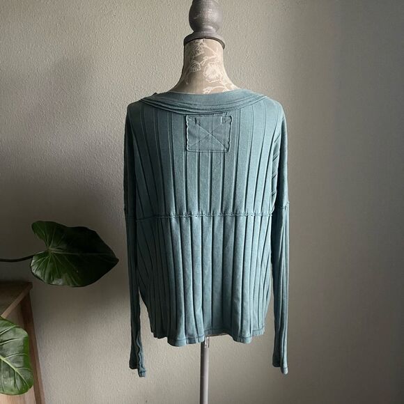 Free People In The Mix Ribbed Henley Top in Ocean Blue - Picture 8 of 12